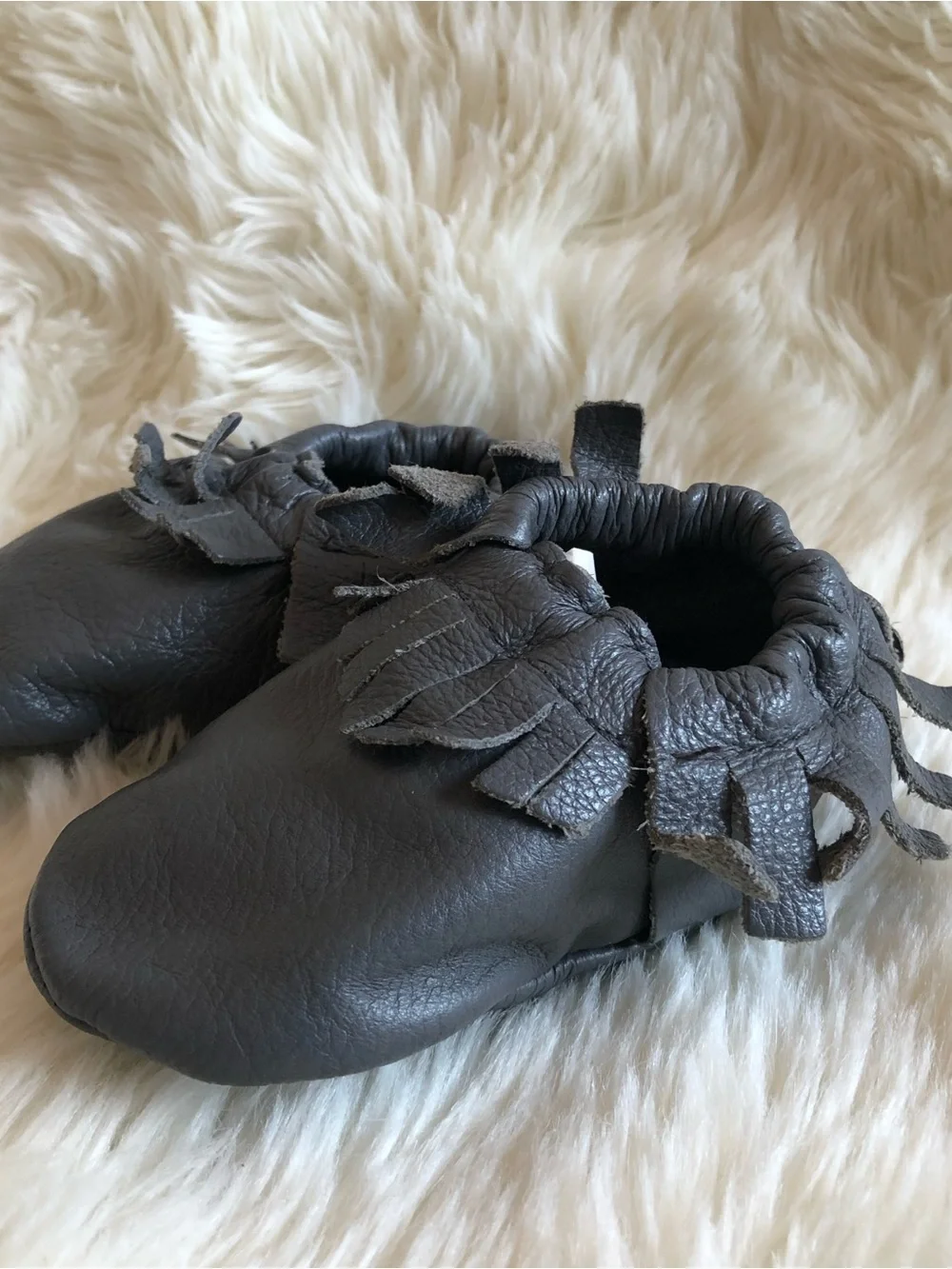 Lucky Love Gray Leather Soft Sole Baby Moccasins Fringe Crib Shoes | 3-6 months